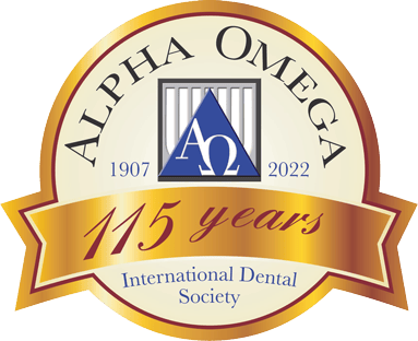 Alpha Omega International Dental Society logo emblem celebrating 115 years of advancing dental knowledge, clinical excellence, and professional collaboration.