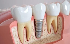 A cross-section illustration of a dental implant embedded in the jawbone between two natural teeth.